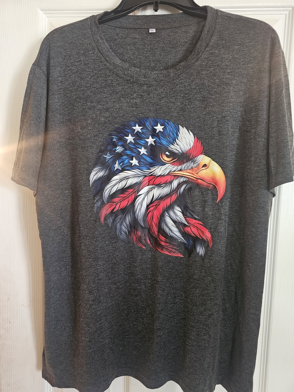 Women's Dark Gray Eagle Graphic Tee with American Flag Detail New